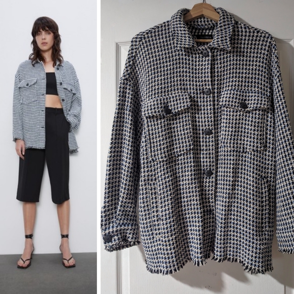 Zara | Tweed button down jacket in blue - Picture 1 of 13